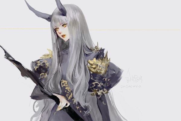 Anime picture 1300x869 with original dadachyo single long hair fringe simple background holding signed yellow eyes looking away blunt bangs parted lips horn (horns) grey hair grey background lipstick yellow lipstick girl