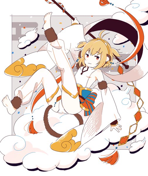 Anime picture 1200x1426 with granblue fantasy andira (granblue fantasy) satou odori (super normal) single tall image looking at viewer short hair light erotic brown hair animal ears tail animal tail barefoot light smile wide sleeves orange eyes two side up flat chest monkey tail monkey ears