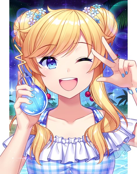 Anime picture 1500x1911 with idolmaster idolmaster cinderella girls idolmaster cinderella girls starlight stage ootsuki yui jenevan single long hair tall image looking at viewer open mouth blue eyes blonde hair payot upper body nail polish one eye closed wink sparkle hair bun (hair buns) victory