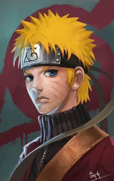 Anime picture 1294x2048 with naruto studio pierrot naruto (series) uzumaki naruto pu reum lee single tall image looking at viewer short hair blue eyes blonde hair signed upper body facial mark portrait whisker markings serious jinchuriki spiked hair boy