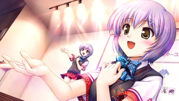 Anime picture 1280x720 with daitoshokan no hitsujikai misono senri bekkankou blush short hair open mouth wide image yellow eyes game cg purple hair girl skirt uniform school uniform cardigan scene searchlight