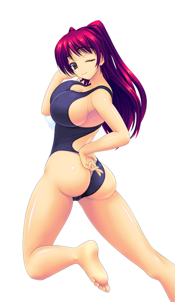 Anime picture 3250x5600 with to heart 2 leaf (studio) kousaka tamaki single long hair tall image highres breasts light erotic smile large breasts brown eyes absurdres red hair one eye closed barefoot wink transparent background girl swimsuit