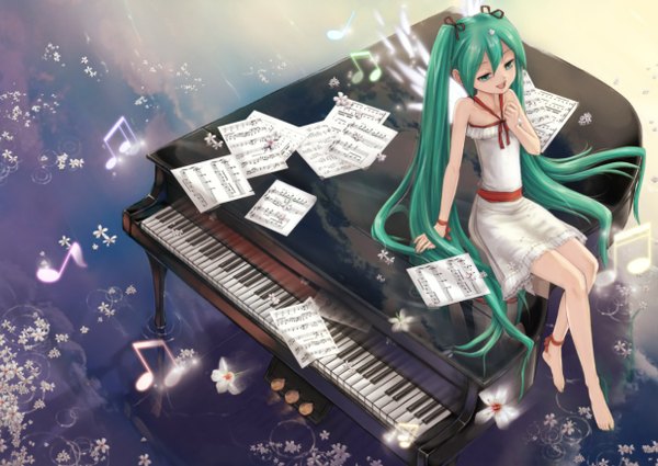 Anime picture 1214x860 with vocaloid hatsune miku r.p.s open mouth twintails looking away very long hair aqua eyes aqua hair alternate costume hand on chest girl dress flower (flowers) wings white dress sundress musical note piano