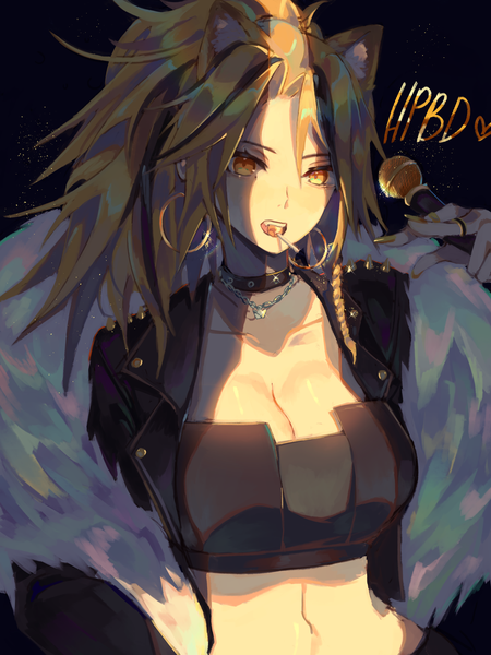 Anime-Bild 2500x3334 mit arknights ambience synesthesia siege (arknights) kikan (kikanoe) single long hair tall image looking at viewer fringe highres breasts open mouth blonde hair hair between eyes large breasts holding animal ears yellow eyes payot cleavage