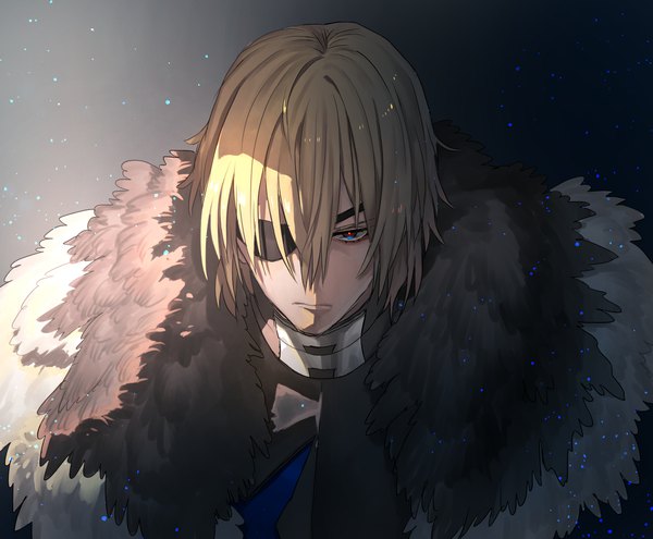 Anime picture 1694x1397 with fire emblem fire emblem: three houses nintendo dimitri alexandre blaiddyd nonesabu single looking at viewer fringe short hair blue eyes simple background blonde hair hair between eyes upper body fur trim light dark background shaded face serious boy