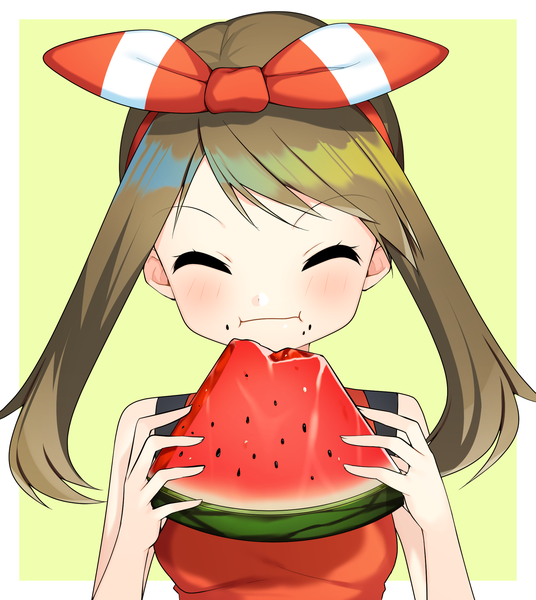 Anime picture 1748x1955 with pokemon pokemon (game) pokemon oras nintendo may (pokemon) yuihiko single long hair tall image blush highres simple background brown hair upper body eyes closed border eating ^ ^ green background girl