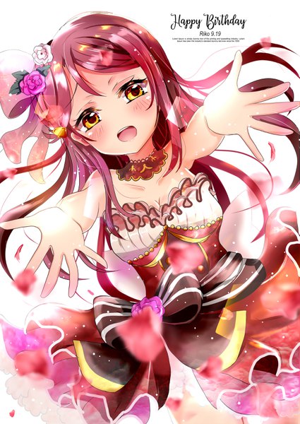 Anime picture 2149x3035 with love live! sunshine!! sunrise (studio) love live! sakurauchi riko kihaku single long hair tall image looking at viewer blush fringe highres breasts open mouth simple background smile white background bare shoulders yellow eyes red hair
