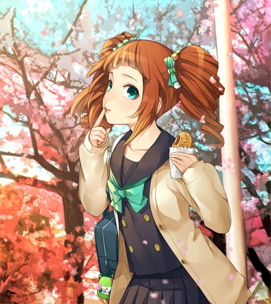 Anime picture 1000x1120 with idolmaster takatsuki yayoi hitoto single long hair tall image brown hair twintails holding pleated skirt aqua eyes drill hair licking girl skirt uniform hair ornament bow plant (plants) hair bow
