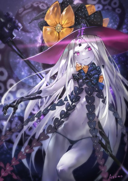Anime picture 1600x2263 with fate (series) fate/grand order abigail williams (fate) abigail williams (third ascension) (fate) azomo single long hair tall image light erotic purple eyes signed white hair no bra teeth flat chest ass visible through thighs sharp teeth grey skin girl gloves