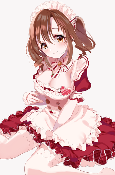 Anime picture 655x1000 with idolmaster idolmaster cinderella girls totoki airi sinsihukunokonaka single long hair tall image looking at viewer blush fringe breasts light erotic simple background smile brown hair large breasts sitting twintails brown eyes payot