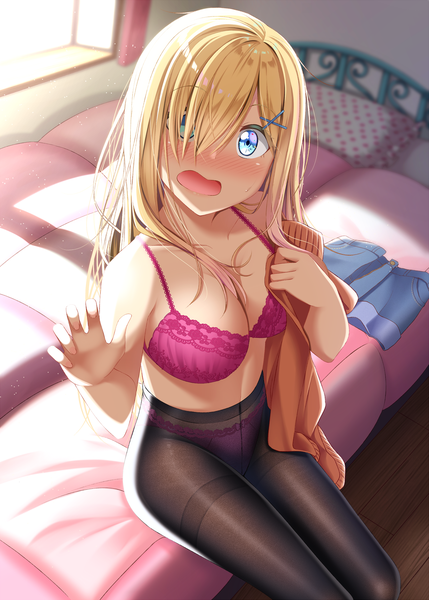 Anime picture 1300x1818 with original gurande (g-size) single long hair tall image looking at viewer blush fringe breasts open mouth blue eyes light erotic blonde hair sitting bare shoulders cleavage indoors from above sunlight hair over one eye