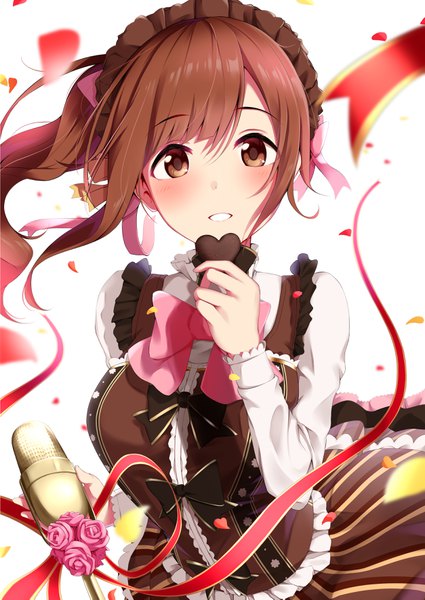 Anime picture 2508x3541 with idolmaster idolmaster cinderella girls igarashi kyouko yigra don single long hair tall image looking at viewer blush fringe highres brown hair white background brown eyes payot valentine girl ribbon (ribbons) food sweets