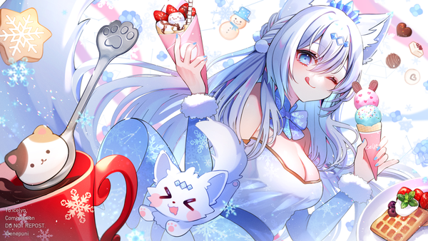 Anime picture 1800x1013 with virtual youtuber indie virtual youtuber icelyn winter enepuni single long hair looking at viewer blush fringe highres breasts blue eyes hair between eyes wide image holding signed animal ears payot cleavage white hair