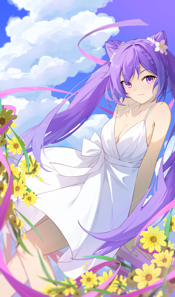 Anime-Bild 2480x4208 mit genshin impact keqing (genshin impact) qi di xiong single long hair tall image looking at viewer fringe highres breasts light erotic smile purple eyes twintails bare shoulders sky purple hair cloud (clouds) hair flower wind