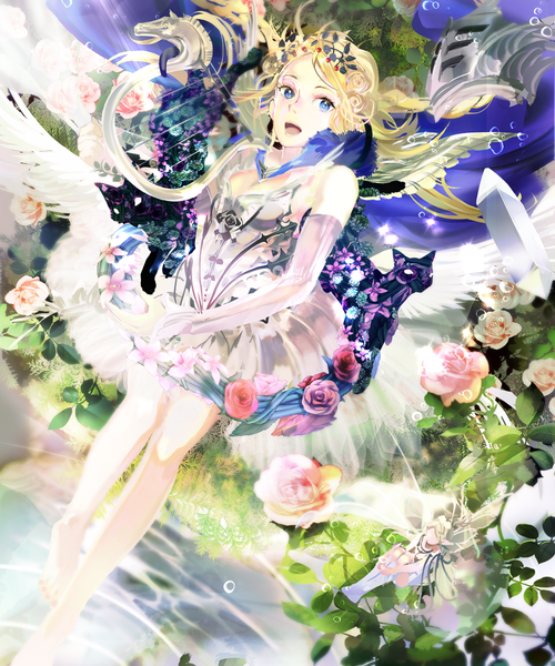 Anime picture 1000x1200 with original 119 single long hair tall image looking at viewer open mouth blue eyes blonde hair bare shoulders girl dress gloves flower (flowers) animal water elbow gloves cat musical instrument harp