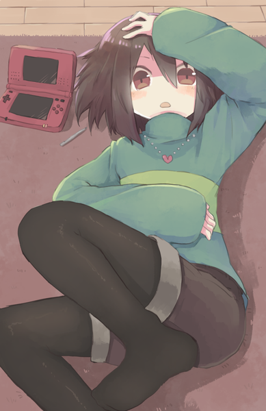 Anime picture 700x1078 with undertale nintendo chara (undertale) maro no oheya single tall image blush fringe short hair open mouth hair between eyes brown hair brown eyes bent knee (knees) indoors lying on back no shoes hand on head leg lift (legs lift)