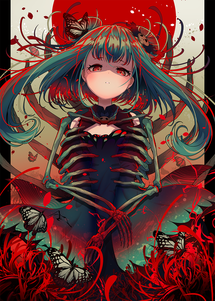 Anime picture 1000x1399 with virtual youtuber hololive uruha rushia berryverrine single long hair tall image looking at viewer blush fringe red eyes standing payot parted lips head tilt aqua hair shaded face cleavage cutout bone (bones) girl