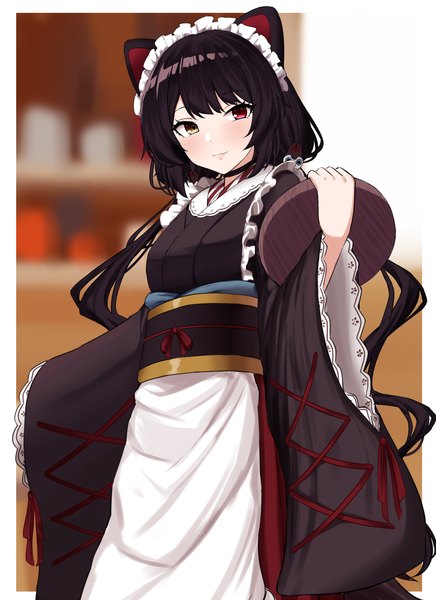 Anime picture 1103x1517 with virtual youtuber nijisanji inui toko nichijo single long hair tall image looking at viewer blush black hair twintails animal ears indoors traditional clothes japanese clothes heterochromia low twintails border dog ears waitress