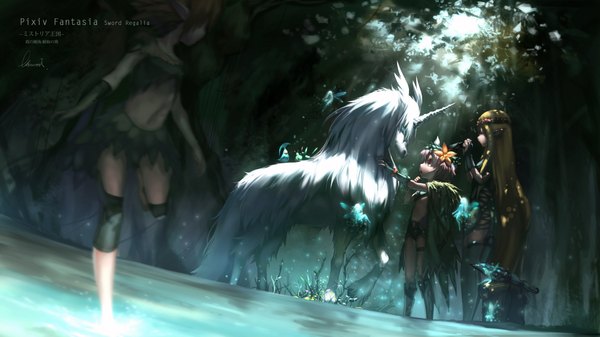 Anime picture 1821x1024 with original pixiv fantasia pixiv fantasia sword regalia observerz long hair highres short hair open mouth blonde hair wide image multiple girls signed animal ears pink hair profile pink eyes pointy ears cat ears fairy girl