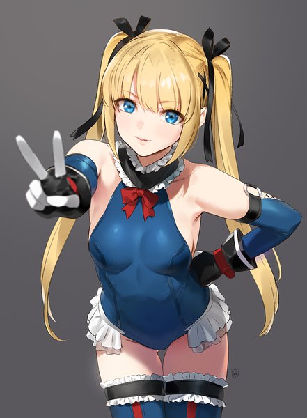 Anime picture 800x1088 with dead or alive marie rose yd (orange maru) single long hair tall image looking at viewer blush fringe blue eyes light erotic simple background blonde hair smile twintails signed payot blunt bangs parted lips grey background