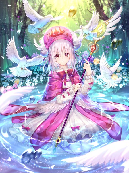 Anime picture 1370x1830 with shadowverse silveroid single long hair tall image looking at viewer fringe hair between eyes red eyes silver hair sparkle girl dress flower (flowers) bow plant (plants) animal petals wings tree (trees)