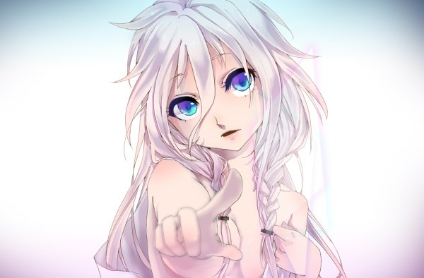 Anime picture 1200x788 with vocaloid ia (vocaloid) uminmin single long hair looking at viewer fringe open mouth bare shoulders pink hair braid (braids) lips alternate costume twin braids multicolored eyes soft beauty girl