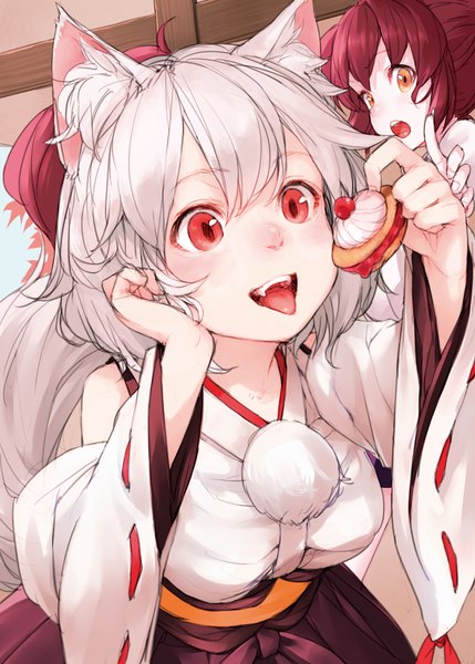 Anime picture 1500x2097 with touhou inubashiri momiji himekaidou hatate junwool tall image fringe open mouth hair between eyes red eyes multiple girls animal ears ponytail red hair tail traditional clothes animal tail grey hair teeth orange eyes wolf ears