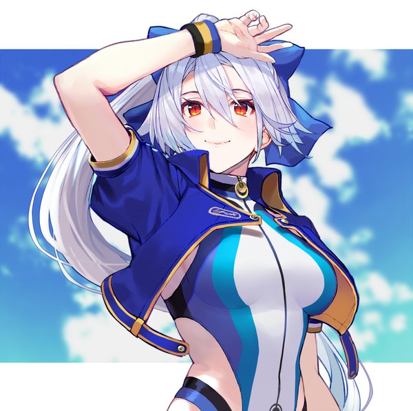 Anime picture 1057x1052 with fate (series) fate/grand order tomoe gozen (fate) tomoe gozen (swimsuit saber) (fate) shirabi single long hair looking at viewer blush fringe breasts smile hair between eyes red eyes large breasts payot sky silver hair cloud (clouds) upper body