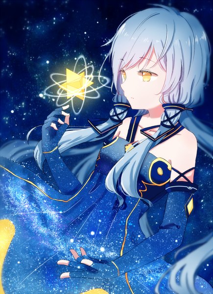 Anime picture 850x1172 with vocaloid xingchen yuu mo single long hair tall image fringe standing bare shoulders yellow eyes looking away silver hair sleeveless space tress ribbon girl dress gloves ribbon (ribbons) hair ribbon