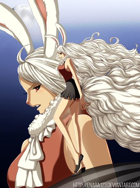 Anime picture 1300x1745 with one piece toei animation carrot (one piece) enara123 single tall image breasts open mouth red eyes standing signed animal ears looking away full body ahoge white hair tail very long hair animal tail profile