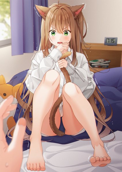 Anime picture 870x1230 with original unjem long hair tall image fringe open mouth light erotic hair between eyes brown hair sitting green eyes animal ears bent knee (knees) indoors tail long sleeves very long hair animal tail barefoot cat ears