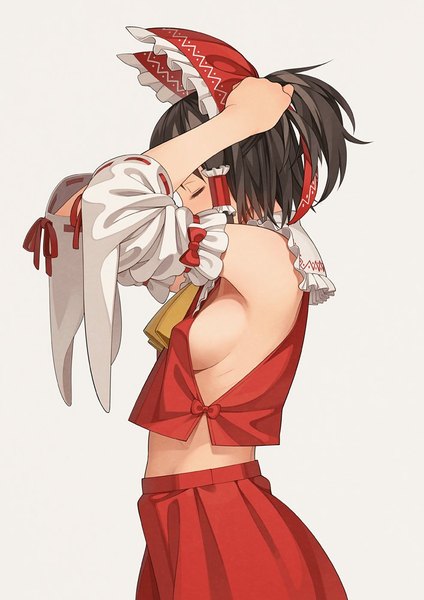 Anime picture 707x1000 with touhou hakurei reimu go robots single tall image short hair breasts light erotic black hair simple background large breasts ponytail eyes closed grey background no bra bare belly adjusting hair tying hair girl skirt