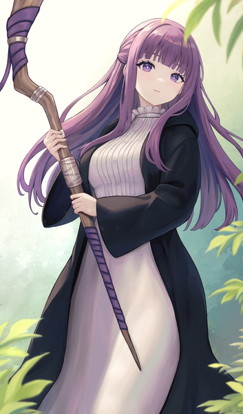 Anime picture 2270x3860 with sousou no frieren fern (sousou no frieren) narijade single long hair tall image looking at viewer fringe highres breasts standing purple eyes holding purple hair blunt bangs long sleeves open clothes wide sleeves girl dress