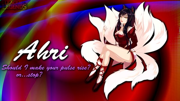 Anime picture 1920x1080 with league of legends ahri (league of legends) metallicdubdesigns single long hair looking at viewer highres black hair wide image animal ears yellow eyes wallpaper multiple tails girl
