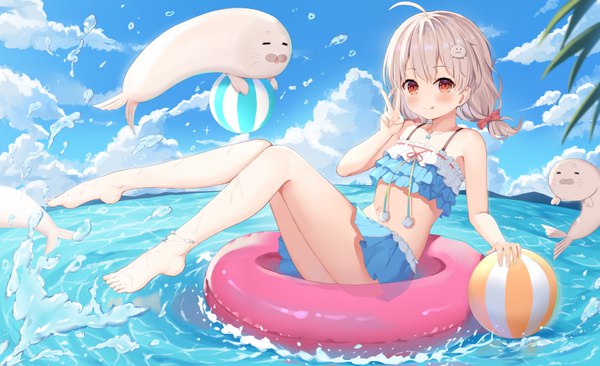 Anime picture 6840x4175 with virtual youtuber project sp shirakami haruka hokori sakuni single looking at viewer blush highres short hair light erotic smile red eyes wide image absurdres sky cloud (clouds) full body ahoge outdoors white hair