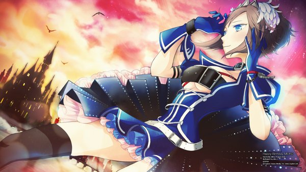 Anime picture 1920x1080 with project diva project diva f vocaloid sega meiko anko anko single highres short hair blue eyes light erotic brown hair wide image official art wallpaper happy birthday blue crystal (module) girl thighhighs dress