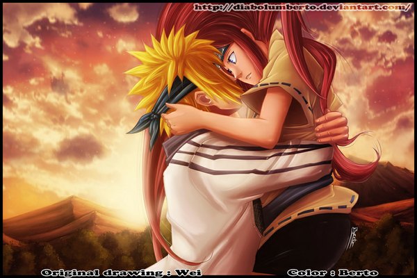 Anime picture 1024x684 with naruto studio pierrot naruto (series) namikaze minato uzumaki kushina diabolumberto long hair short hair blue eyes blonde hair sky cloud (clouds) red hair sunlight hug coloring evening sunset mountain face to face