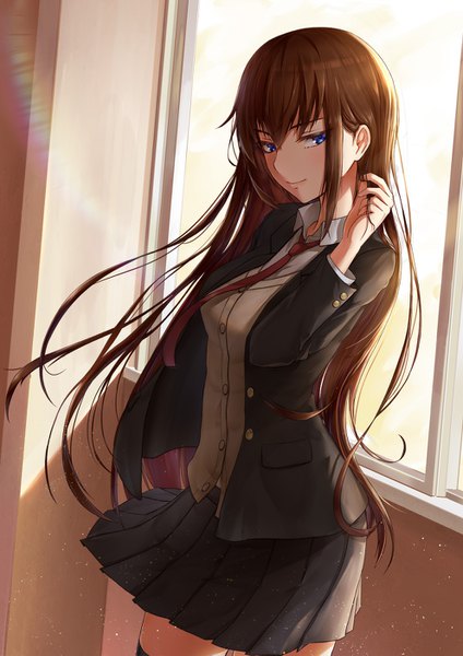 Anime picture 992x1403 with original jirofly single long hair tall image fringe blue eyes smile hair between eyes brown hair standing looking away pleated skirt wind playing with hair girl skirt uniform school uniform necktie