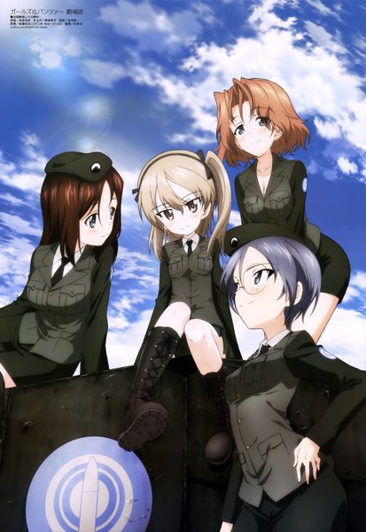 Anime picture 4082x5931 with girls und panzer megami magazine shimada arisu megumi (girls und panzer) rumi (girls und panzer) azumi (girls und panzer) yoshida nobuyoshi long hair tall image looking at viewer blush highres short hair smile brown hair multiple girls brown eyes blue hair absurdres sky