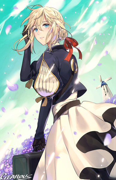 Anime picture 900x1391 with violet evergarden kyoto animation violet evergarden (character) gearous single tall image looking at viewer fringe short hair blue eyes blonde hair hair between eyes standing holding signed sky cloud (clouds) braid (braids) parted lips looking back