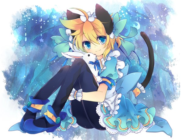 Anime picture 1424x1088 with vocaloid kagamine len leeannpippisum single short hair blue eyes blonde hair animal ears light smile cat ears cat tail dress boy bow pantyhose blue dress bunny