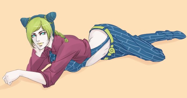 Anime picture 4960x2607 with jojo no kimyou na bouken kujo jolyne later (chiyating) single long hair looking at viewer highres black hair simple background wide image absurdres lying braid (braids) multicolored hair aqua eyes green hair arm support two-tone hair bare belly midriff