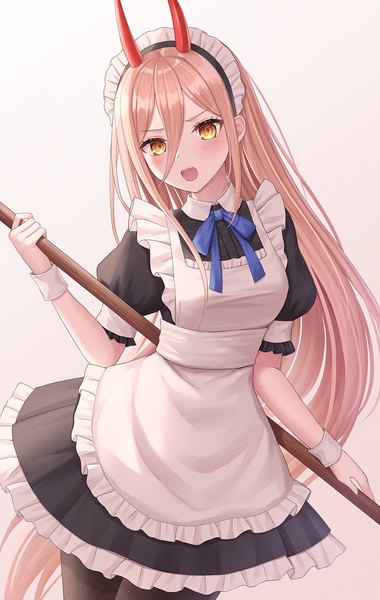 Anime picture 999x1576 with chainsaw man mappa power (chainsaw man) seungju lee single tall image fringe open mouth simple background blonde hair hair between eyes yellow eyes very long hair :d horn (horns) maid puffy sleeves girl uniform headdress