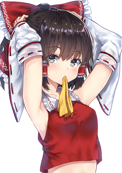 Anime picture 1447x2046 with touhou hakurei reimu wowoguni single long hair tall image looking at viewer blush fringe breasts black hair simple background hair between eyes white background holding upper body ponytail wide sleeves arms up armpit (armpits)