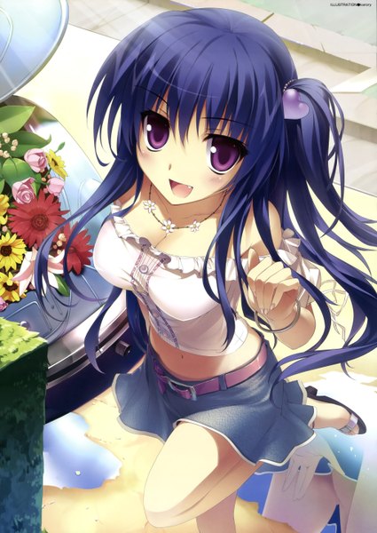 Anime picture 4069x5743 with karory long hair tall image highres open mouth purple eyes blue hair absurdres teeth fang (fangs) one side up reflection wrong feet girl skirt flower (flowers) miniskirt water