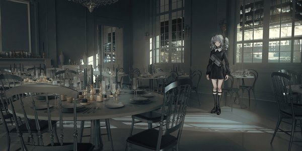 Anime picture 2300x1150 with lavender quartz lm7 (op-center) single blush fringe highres short hair red eyes wide image standing twintails looking away full body grey hair short twintails expressionless girl dress bow hair bow