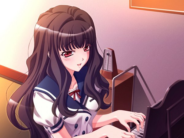 Anime picture 1024x768 with nega0 morisawa ichiyo long hair black hair red eyes game cg playing instrument girl serafuku musical instrument piano
