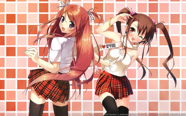 Anime picture 1920x1200 with original kurumi (kantoku) kantoku ala21ddin21 long hair looking at viewer fringe highres open mouth smile red eyes brown hair wide image purple eyes twintails multiple girls signed pleated skirt one eye closed looking back