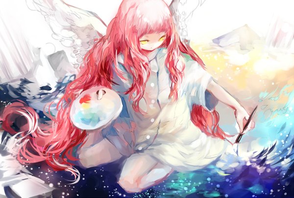 Anime picture 1500x1013 with original sevten (ashkeroth) sitting yellow eyes pink hair very long hair angel wings naked shirt girl shirt wings paintbrush paint calligraphy brush palette