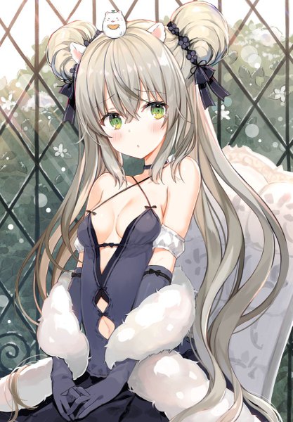Anime picture 835x1200 with original yadapot single long hair tall image looking at viewer blush fringe breasts open mouth light erotic hair between eyes sitting twintails bare shoulders green eyes animal ears head tilt grey hair :o